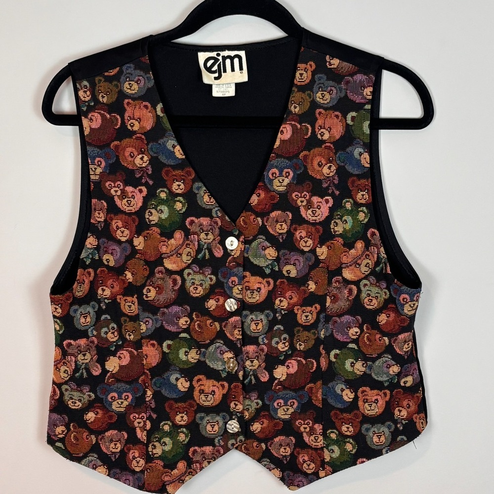 EJM Vintage 90's Teddybear Pattern‎ Tapestry Vest Womens 6 Petite Indie Festival